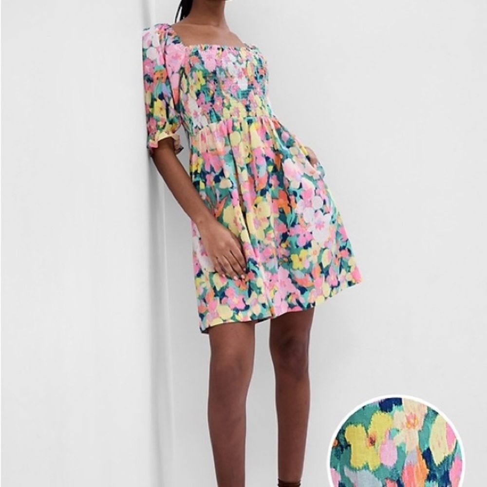 GAP Puff Sleeve Linen-Blend Floral Mini Dres Size small